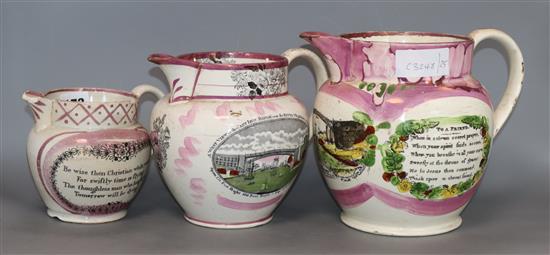 Three Sunderland pink lustre jugs